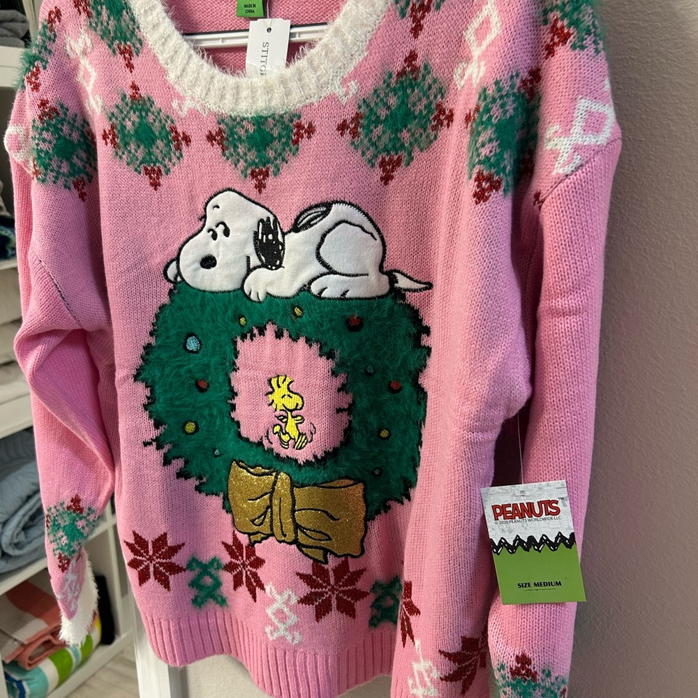 Peanuts Pink Snoopy Holiday Sweater - super cute !!  Fuzzy collar with bling ! - Picture 4 of 5